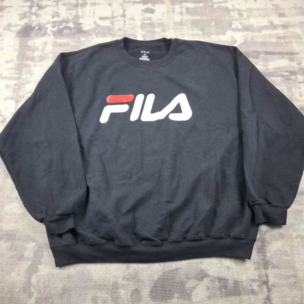 Fila Sweatshirt Mens 2XL Black Fleece Crewneck Big Logo Pullover Sportswear